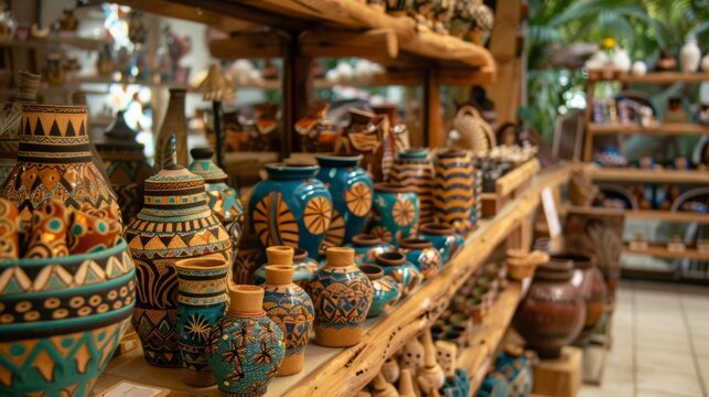 An interior shot of a display filled with handmade crafts and products from local artisans promoting the citys unique cultural offerings.