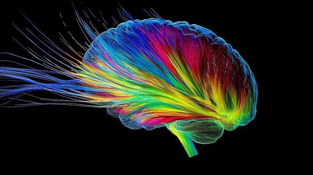 An abstract image of a human brain bursting with vibrant colors and intricate patterns, symbolizing an explosion of knowledge and creativity