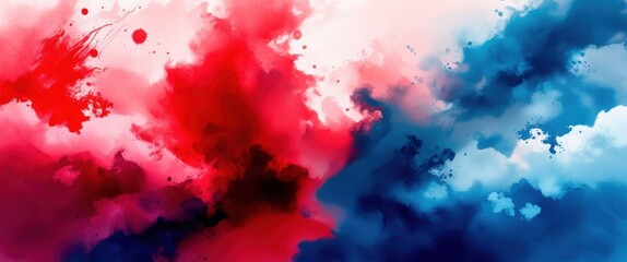 Abstract watercolor, vibrant red and blue splash, dynamic fluid art, explosive color blend, cosmic nebula effect, contrasting hues, ethereal cloudscape, swirling pigments, energetic brushstrokes, pain