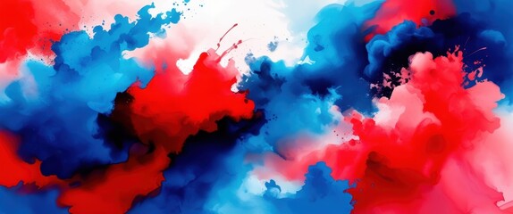 Abstract watercolor, vibrant red and blue splash, dynamic fluid art, explosive color blend, cosmic nebula effect, contrasting hues, ethereal cloudscape, swirling pigments, energetic brushstrokes, pain
