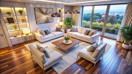 Fototapeta premium Modern Living Room with White Couch, Cozy Armchairs, and Stylish Coffee Table - Drone Photography of Chic Interior Design Spaces