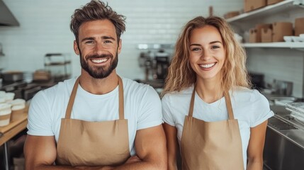 Two coworkers happily pose in a bright bakery kitchen, wearing aprons, symbolizing teamwork, friendliness, and a vibrant work environment for baking enthusiasts. - Powered by Adobe