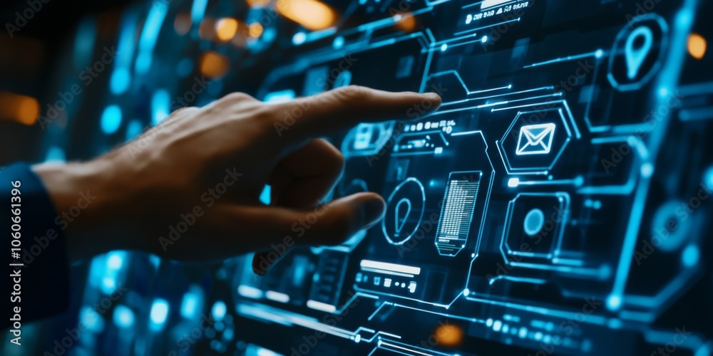Poster a hand interacts with a bright touchscreen displaying tech and network icons on a deep blue backgrou
