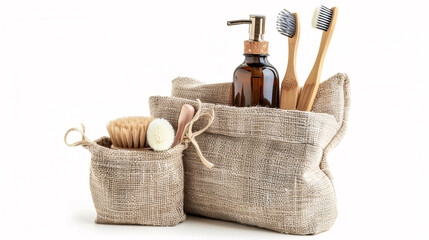 Bath Accessories: Bath accessories and a toilet bag, isolated on a white background, representing personal care and hygiene.