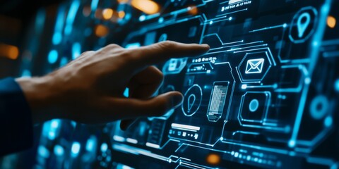 A hand interacts with a bright touchscreen displaying tech and network icons on a deep blue background, representing cloud storage and highlighting the importance of data security