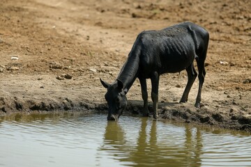 Fototapeta premium A skinny black cow drinks water from a muddy waterhole in a barren landscape, highlighting the dry conditions and rural environment.