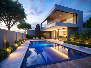 Fototapeta premium Modern Minimalist House Exterior at Dusk with Swimming Pool and Garden - Contemporary Architecture and Technology Background