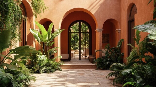 A lush courtyard with terracotta walls and archways, leading to a  garden beyond.