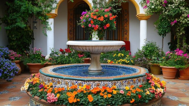 A beautiful, ornate fountain surrounded by lush greenery and vibrant flowers in a traditional Spanish courtyard.