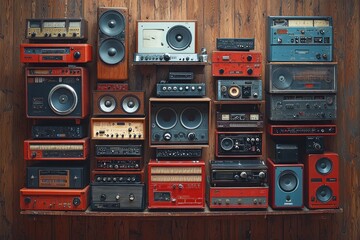 Obraz premium Vintage Audio Equipment Collection on Wooden Wall