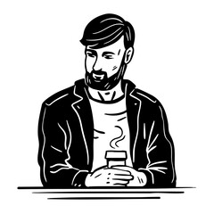 Beautiful young man in a cafe with coffee. City girl. Coffee time, leisure and lifestyle. Vector black white isolated art illustration. Hand drawn sketch