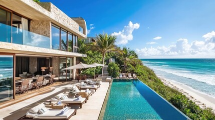 Fototapeta premium A modern, luxurious villa with a stunning infinity pool overlooking the ocean.