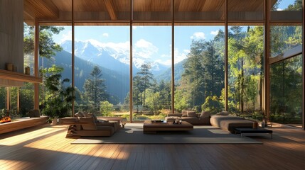 A modern living room with floor-to-ceiling windows offering breathtaking mountain views.
