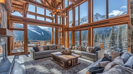 A spacious living room with floor-to-ceiling windows overlooking a snowy mountain vista. The room is furnished with plush couches and a coffee table.