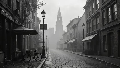 Vintage Urban Landscape with Cobblestone Paths and Dramatic Skyline