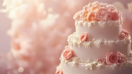 Fototapeta premium Charming Three-Tier Wedding Cake Standing Against a Soft Pastel Background for a Minimalist Appeal