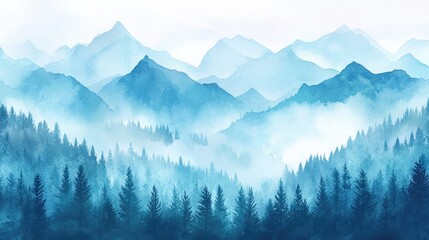 Obraz premium A watercolor painting of a mountain range with a forest in the foreground, the sky and mountains are a soft blue color, creating a peaceful and serene atmosphere.