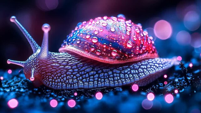 Snail crawling with water droplets on shell