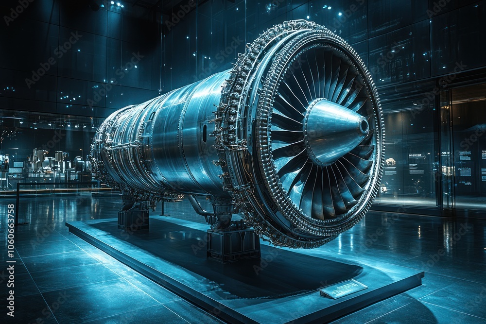 Poster a large jet engine on display in a museum