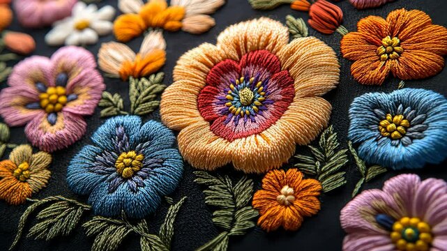 Textile artist creating colorful flower embroidery