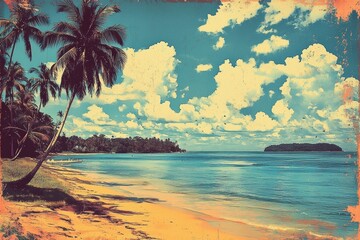 Tropical Beach with Cloudy Sky and Palm Trees