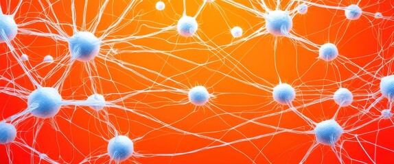 Neuron network, glowing synapses, vibrant orange background, electrical impulses, brain connections, neural pathways, abstract scientific visualization, microscopic view, dynamic energy flows, intrica
