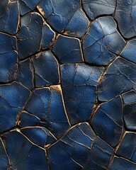 A textured surface with deep blue cracks and golden highlights, resembling aged leather.