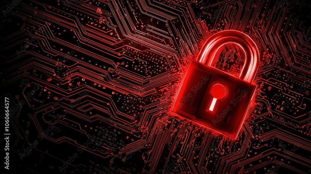 Poster red glowing padlock on a circuit board background