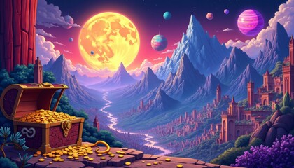 Obraz premium Surreal Digital Illustration of a Fantastical Landscape with Treasure.