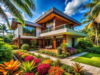 Modern Villa in Tropical Garden: Luxurious Architecture and Nature on a Sunny Day, Featuring Advanced Technology Integration for Contemporary Living