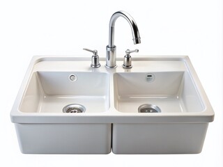 Fototapeta premium Modern White Ceramic Double Kitchen Sink Isolated on White Background - Perfect for Home Design, Renovation Ideas, and Kitchen Inspiration