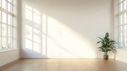 Fototapeta premium A single potted plant sits in the corner of a spacious room with large windows and hardwood floors, bathed in natural light.