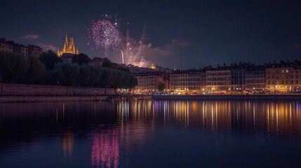 Fototapeta premium Nighttime fireworks illuminate a city skyline reflected in a calm river.