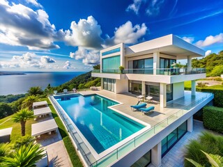 Fototapeta premium Modern White Luxury Mansion with Infinity Pool Overlooking Ocean from Hilltop - Stunning Architectural Design, Scenic Views, and Contemporary Lifestyle