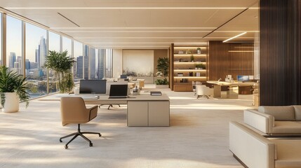 A modern office space with large windows overlooking a city skyline. The office features sleek furniture and a warm color palette.
