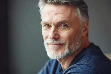 Obraz premium Mature man smiling softly while sitting indoors