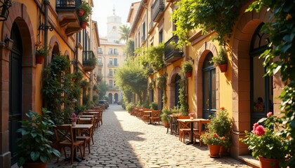 Obraz premium Charming European Street Scene with Historic Architecture and Flowers