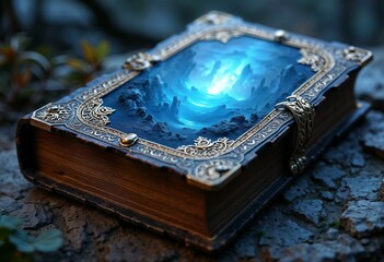 Mystical book with a captivating landscape illustration on the cover, set in a magical environment