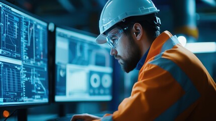 A focused male engineer in safety gear analyzes complex data on multiple computer screens in a high-tech environment.