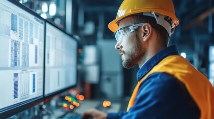 A construction worker in safety gear analyzes data on multiple screens in a high-tech industrial environment.