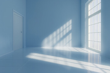 Empty blue room with window on the side