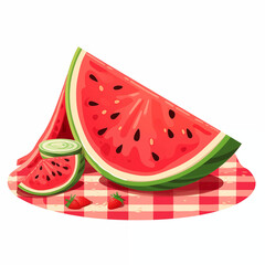 A colorful cartoon watermelon displayed on a checkered picnic blanket with strawberries nearby