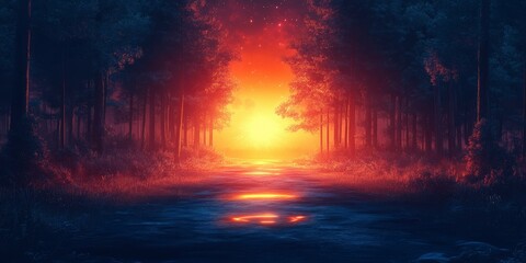 Forest Path Leading to a Bright, Mystical Light in the Distance