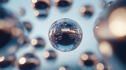 A shiny, silver sphere floats in the air, surrounded by a cluster of smaller, out-of-focus orbs. The soft, blue background creates a dreamy and abstract feel.