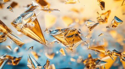 Abstract image of shattered gold glass against a blue and gold background. The shards of glass are scattered in the air, creating a dynamic and interesting composition.