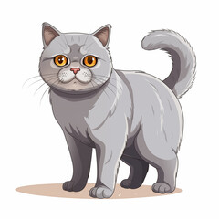 Obraz premium A cute cartoon gray cat stands playfully on the ground with bright amber eyes and a fluffy tail