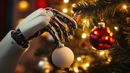 A robotic hand decorates a Christmas tree with a white ornament, showcasing a futuristic take on holiday traditions.