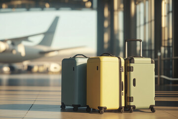 Naklejka premium suitcases in an empty airport hall, traveler cases in the departure airport terminal waiting for the area, vacation concept, blank space for text message or design 
