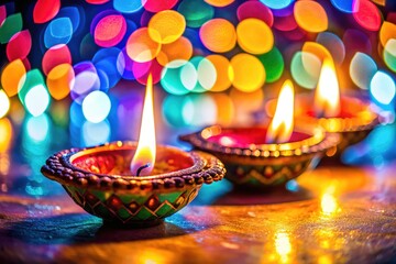 Colorful Diya Lamps with Bokeh Lights - Festive Indian Decoration