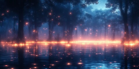 Naklejka premium A Mystical Forest Reflecting in a Tranquil Lake at Night